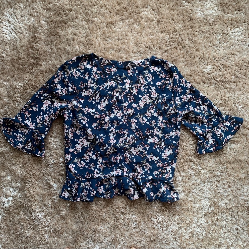 Royal & Pink V-Neck Flounce Sleeve Dynamite Blouse